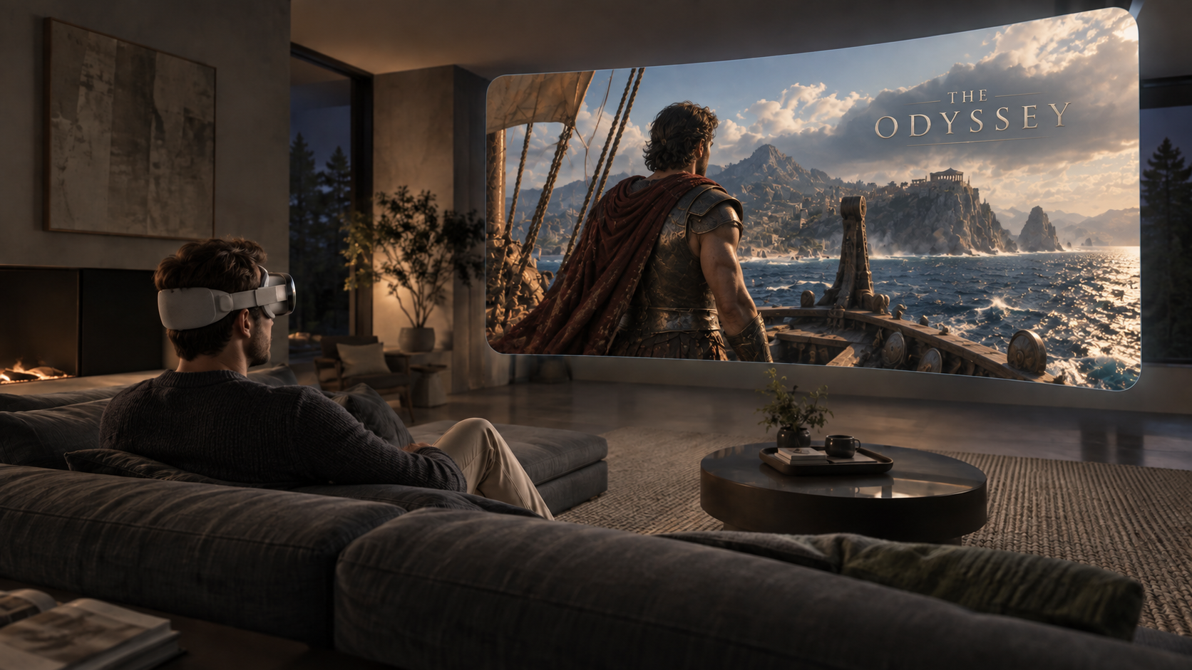 A man wearing VSP watching an Odyssey-inspired scene on a large virtual cinema screen