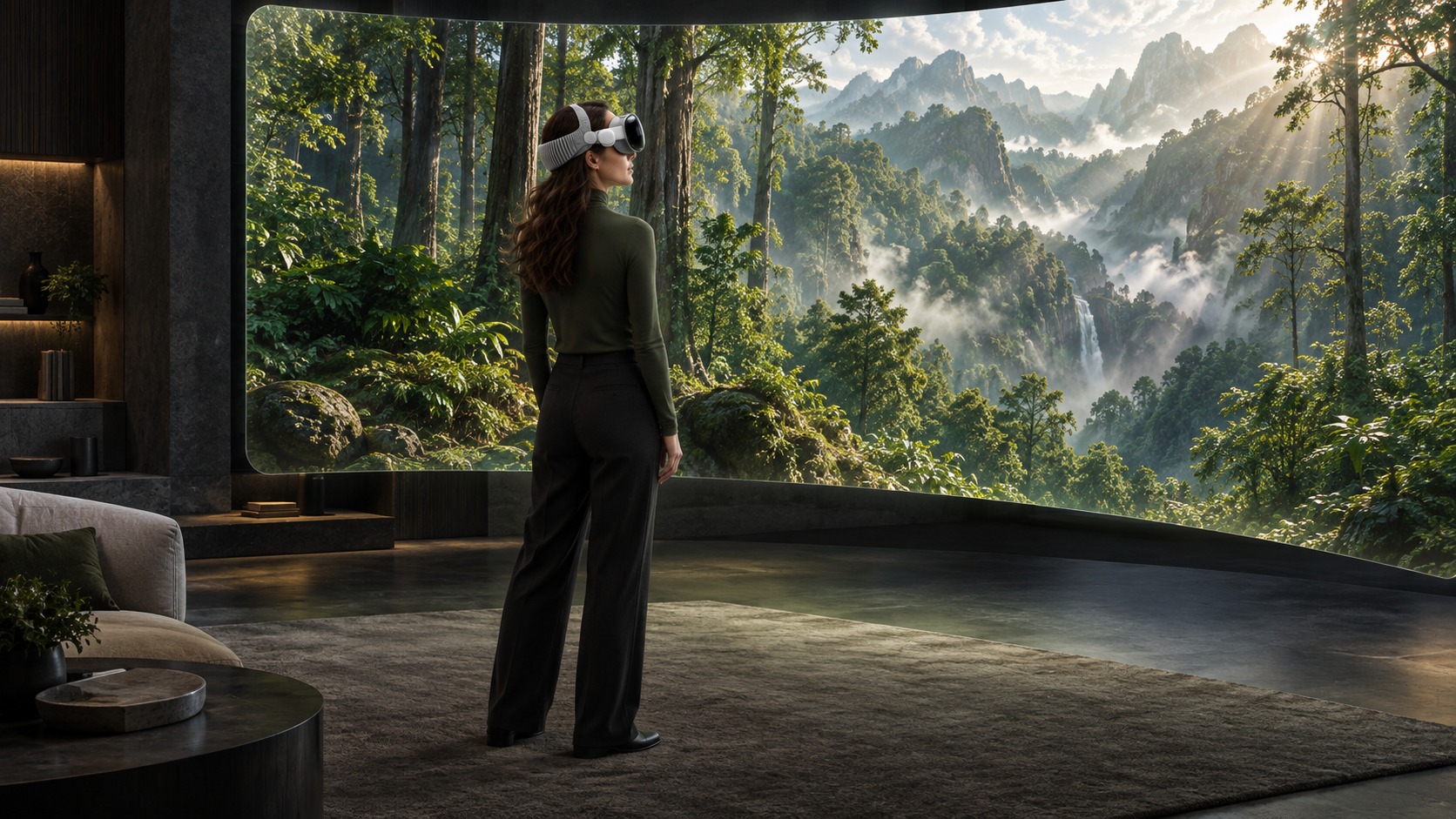 A woman in a green top wearing VSP in a dark living room, looking at a panoramic screen displaying a lush green forest