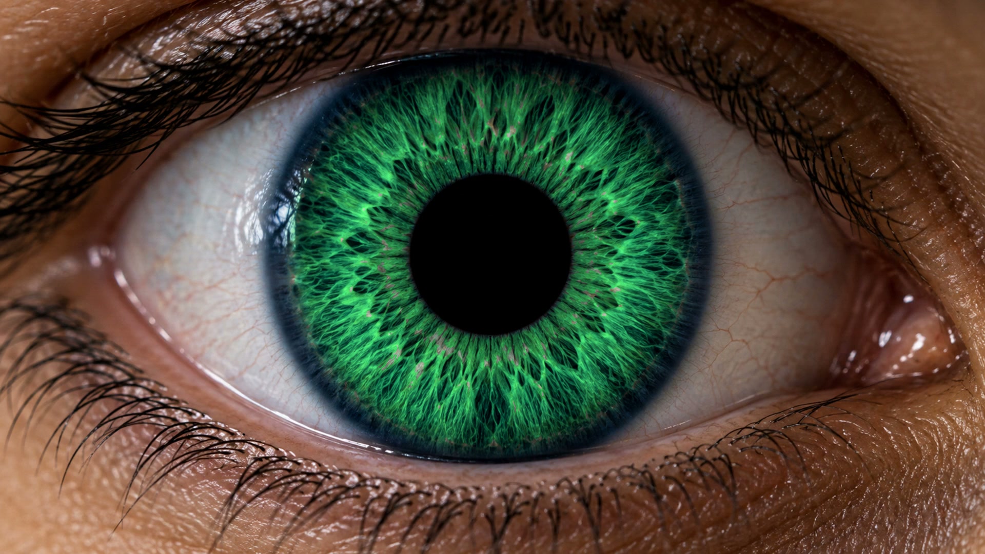 Full green human eye before the immersive zoom
